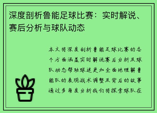 深度剖析鲁能足球比赛：实时解说、赛后分析与球队动态