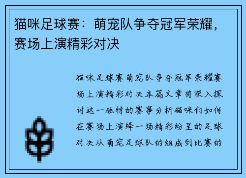 猫咪足球赛：萌宠队争夺冠军荣耀，赛场上演精彩对决