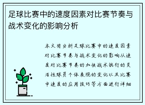 足球比赛中的速度因素对比赛节奏与战术变化的影响分析