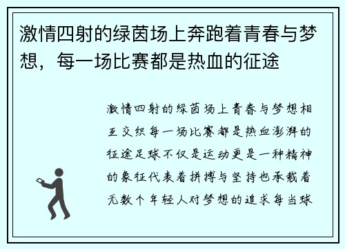 激情四射的绿茵场上奔跑着青春与梦想，每一场比赛都是热血的征途