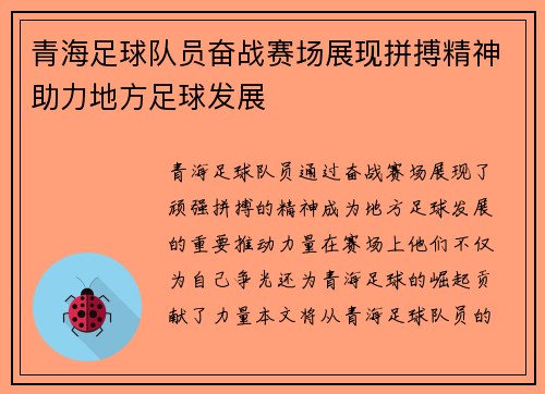 青海足球队员奋战赛场展现拼搏精神助力地方足球发展