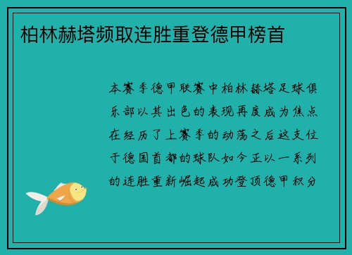 柏林赫塔频取连胜重登德甲榜首