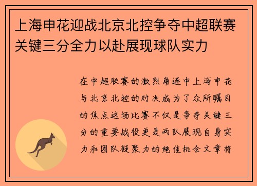 上海申花迎战北京北控争夺中超联赛关键三分全力以赴展现球队实力