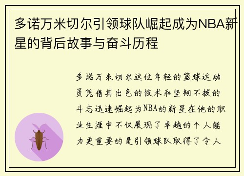 多诺万米切尔引领球队崛起成为NBA新星的背后故事与奋斗历程