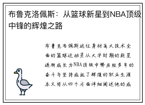 布鲁克洛佩斯：从篮球新星到NBA顶级中锋的辉煌之路