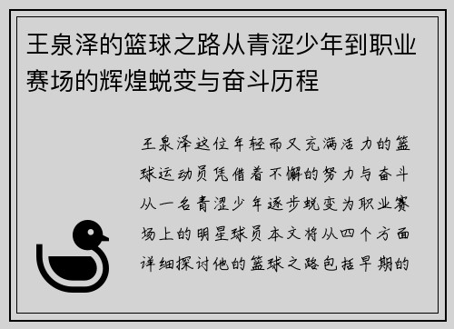 王泉泽的篮球之路从青涩少年到职业赛场的辉煌蜕变与奋斗历程