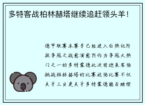 多特客战柏林赫塔继续追赶领头羊！