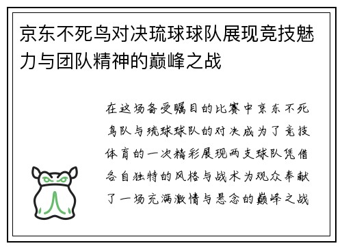 京东不死鸟对决琉球球队展现竞技魅力与团队精神的巅峰之战