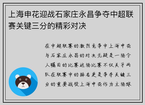 上海申花迎战石家庄永昌争夺中超联赛关键三分的精彩对决