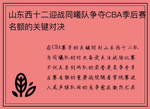 山东西十二迎战同曦队争夺CBA季后赛名额的关键对决