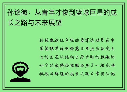 孙铭徽：从青年才俊到篮球巨星的成长之路与未来展望