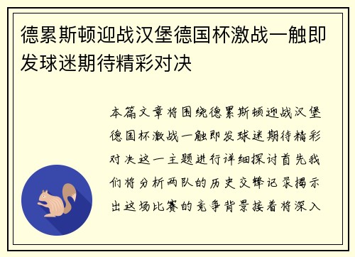 德累斯顿迎战汉堡德国杯激战一触即发球迷期待精彩对决