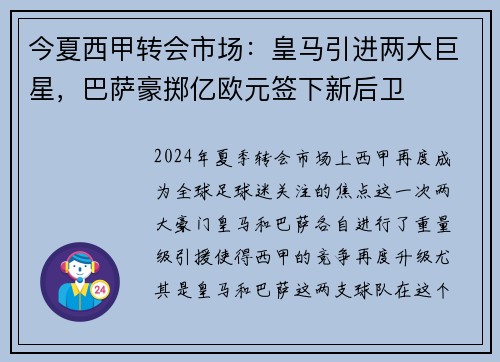 今夏西甲转会市场：皇马引进两大巨星，巴萨豪掷亿欧元签下新后卫