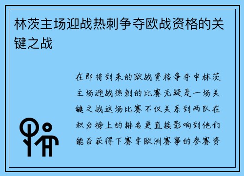 林茨主场迎战热刺争夺欧战资格的关键之战