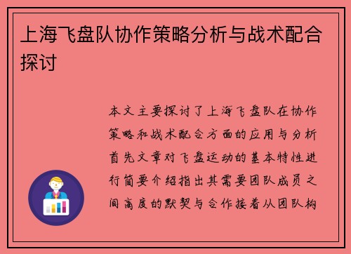 上海飞盘队协作策略分析与战术配合探讨