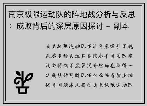 南京极限运动队的阵地战分析与反思：成败背后的深层原因探讨 - 副本