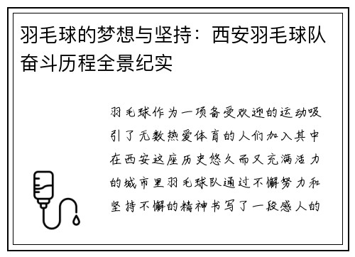 羽毛球的梦想与坚持：西安羽毛球队奋斗历程全景纪实