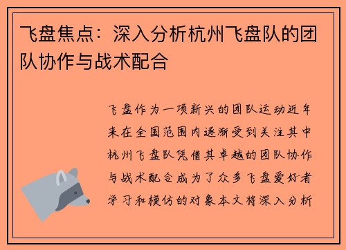 飞盘焦点：深入分析杭州飞盘队的团队协作与战术配合