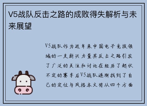 V5战队反击之路的成败得失解析与未来展望