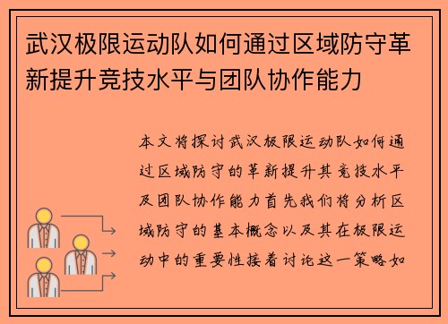 武汉极限运动队如何通过区域防守革新提升竞技水平与团队协作能力